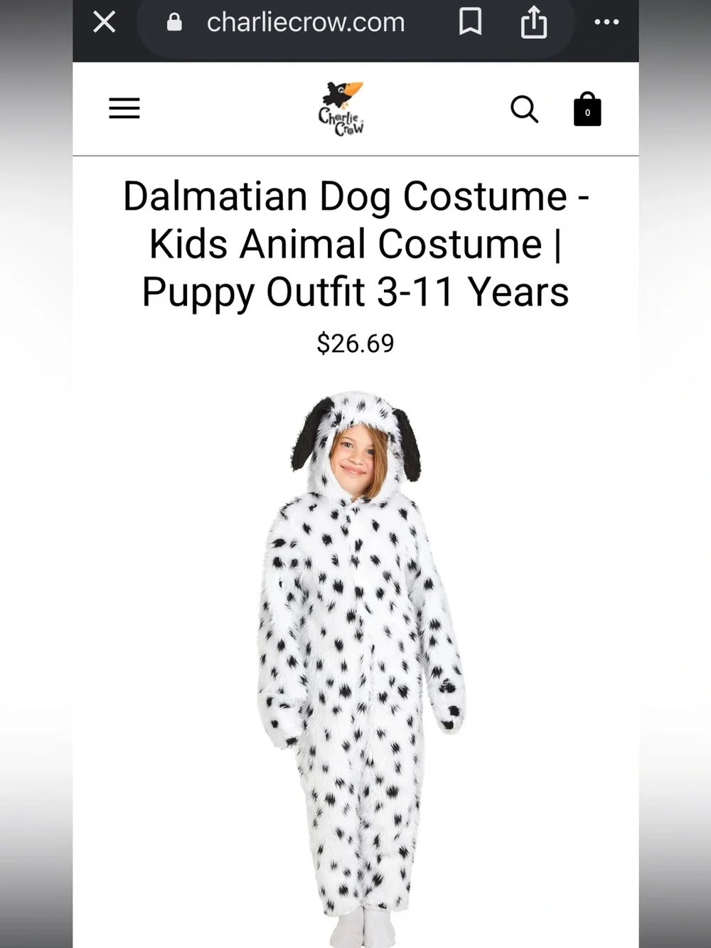 Charlie Crow Kids Dalmatian Dog Costume 4Y-6Y 116cm